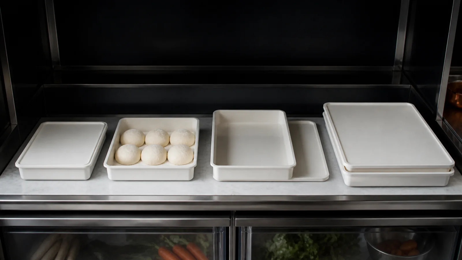 Quatre formats génériques de bacs à pâtons disposés du plus compact au plus large
