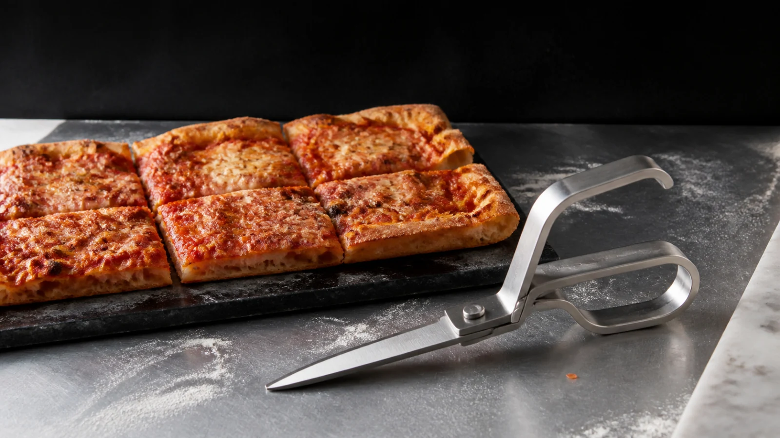 Ciseaux à pizza ouverts près de plusieurs parts disposées sur une grande planche de service