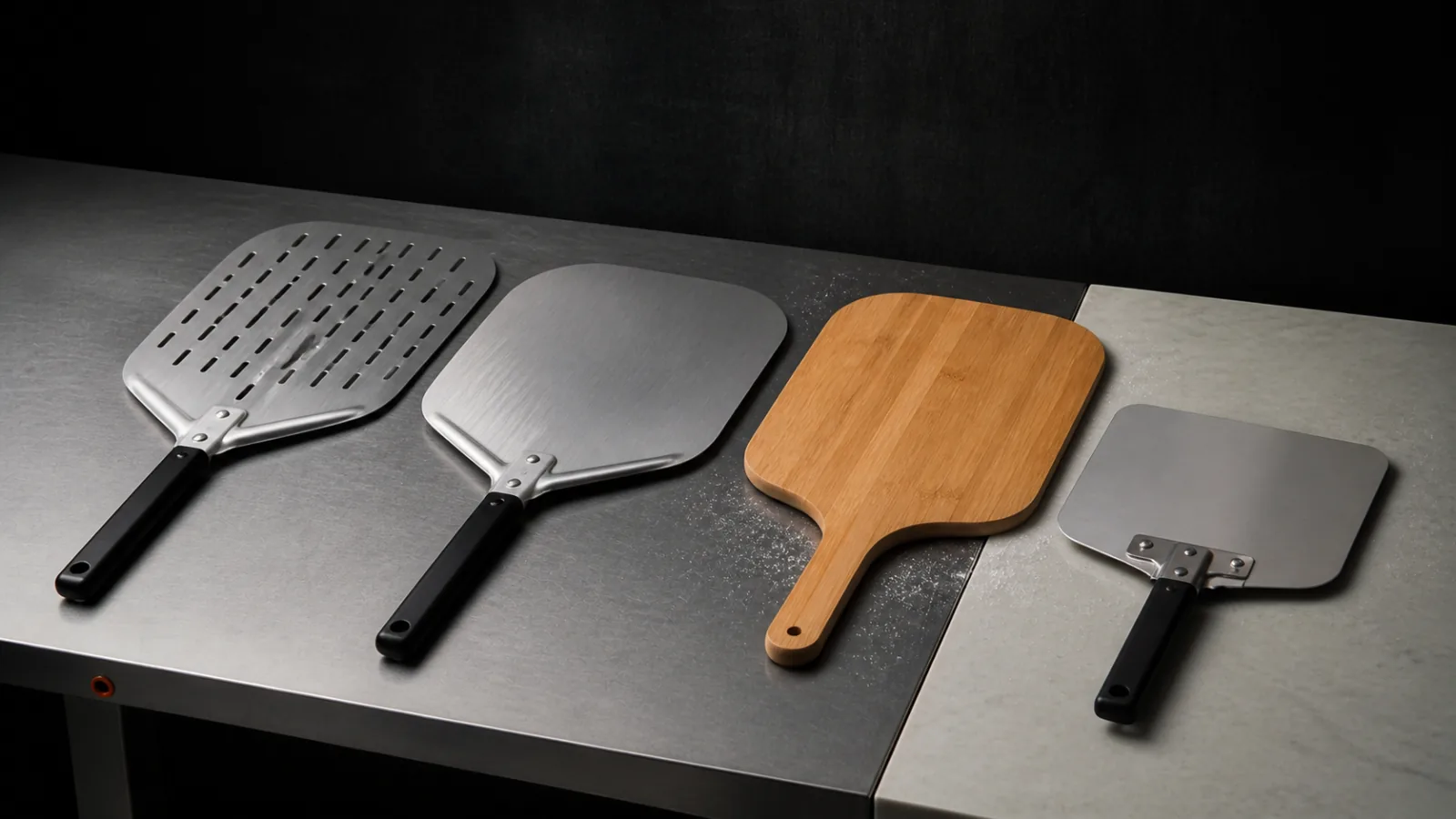 Quatre pelles à pizza génériques alignées : perforée, pleine, en bambou et compacte en inox