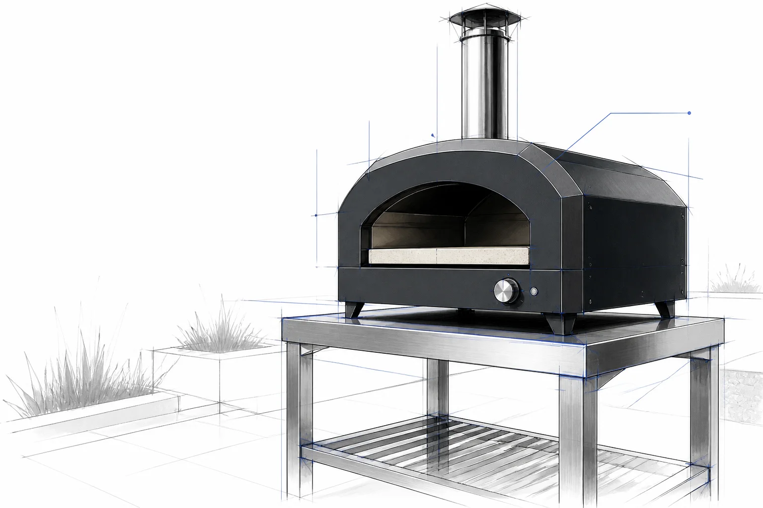 Croquis architectural d'un four à pizza contemporain posé sur une table métallique